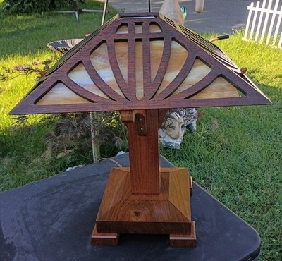 Handmade Arts & Crafts Mission Slag Glass Table Lamp Walnut Signed Pankiewicz 