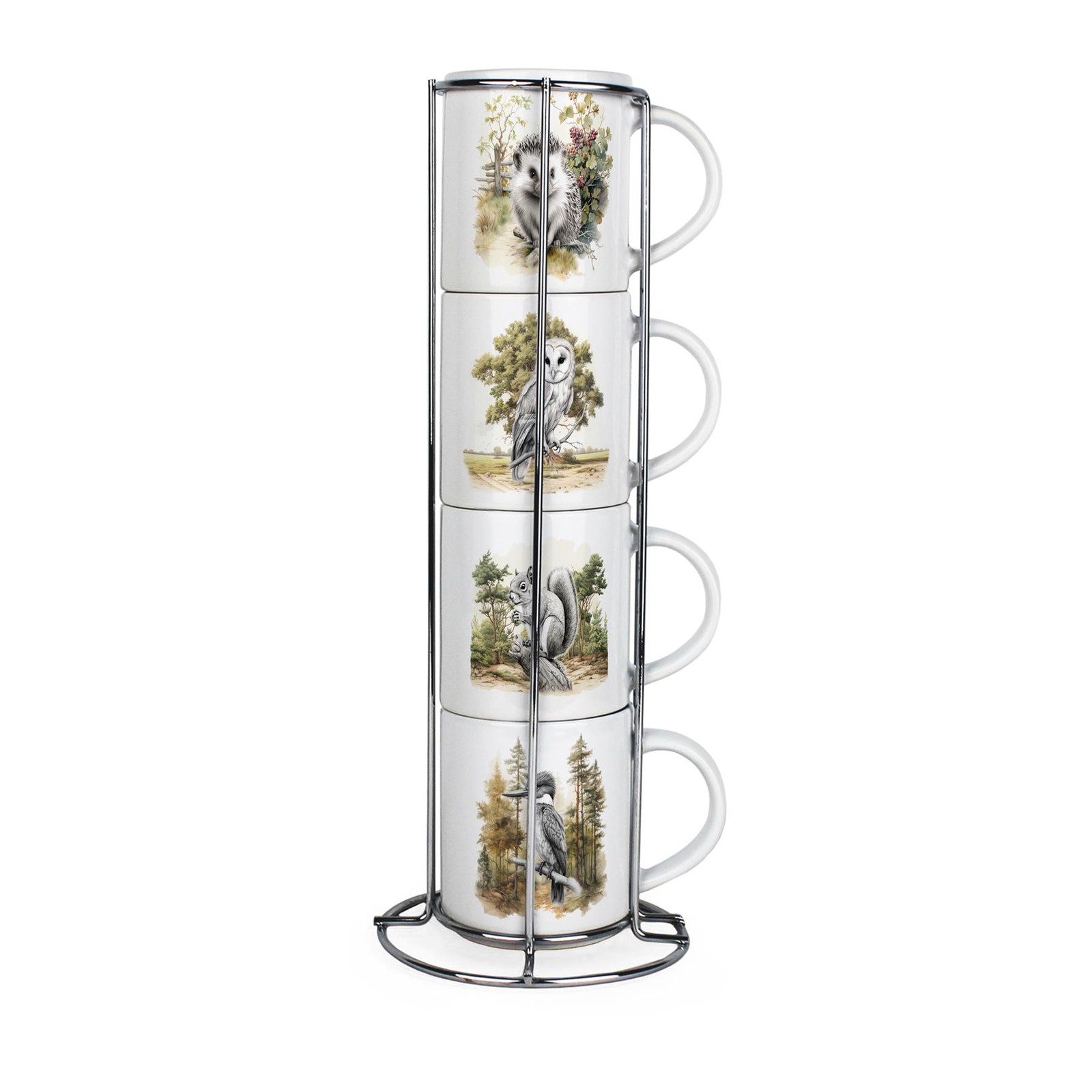 British Animals & Birds Small Stacking Mugs Set - Set of 4 Ceramic Mugs Gift