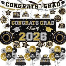 Black and Gold Themed 2026 Graduation Decorations Set Congrats Grad Banner, ...