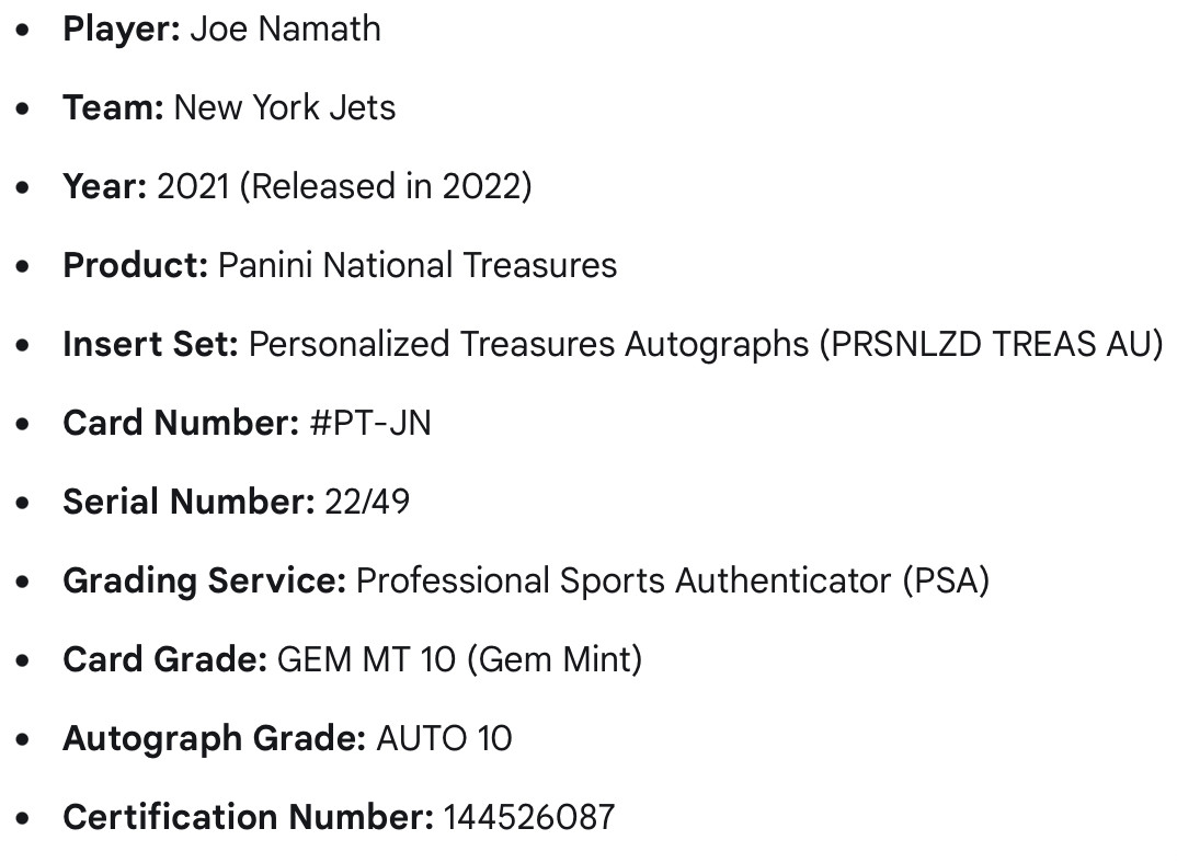 2021 National Treasures Joe Namath Personalized Treasures /49 PSA 10 GEM AUTO 10 view 3