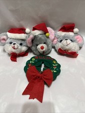Lot/4 Vintage Door Knob Covers Plush Christmas Mice Mouse  Wreath Doorknob