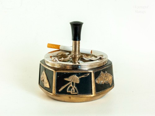 Brass Horse Theme Spinning Push Button Ashtray 1960s/70s Equestrian Vintage - Picture 3 of 13