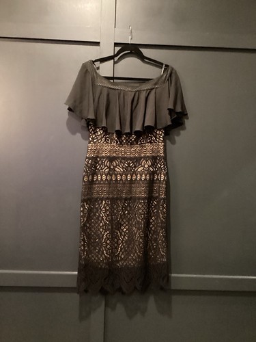 Tadashi Shoji Alexia Off Shoulder Crochet Lace Black Nude Cocktail Midi Dress 12 - Picture 2 of 12