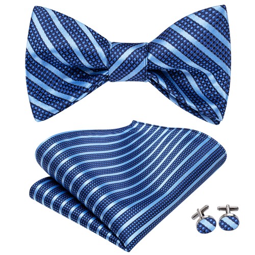Striped Black Mens Bow Tie Set Hakerchief Cufflinks Wedding Prom Gift 3pcs Set - Picture 75 of 324
