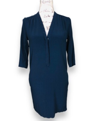 Sandro Paris V Neck Shift Dress Size Deep Blue 3/4 Sleeve