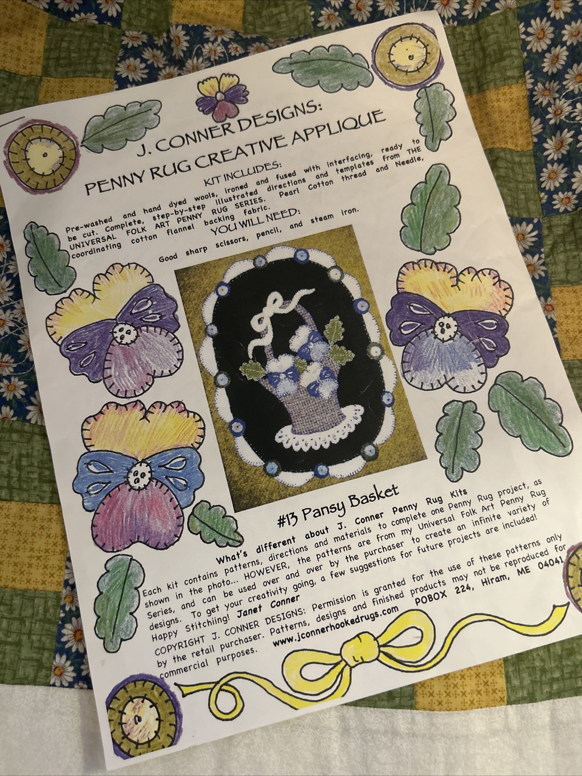 J Conner Designs Penny Rug creative appliqué # 13 pansy basket Pattern