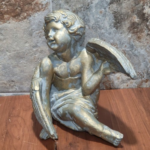Gold Resin Shelf Sitting Cherub Angel Figure Gold Faux Aged Patina - Picture 12 of 13