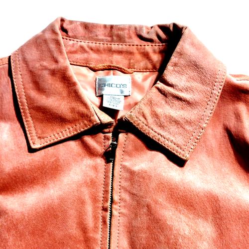 CHICO'S Women's 100% Sueded Leather Jacket Full Zip Size 3 Coral/Orange Preowned - Picture 8 of 10