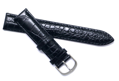 19mm Black Croco Embossed Leather Water Resistant Men's Watch Band Silver Buckle