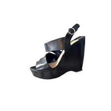 Prada Black Leather Slingback Asymmetrical Wedge Heels Sandals 37.5