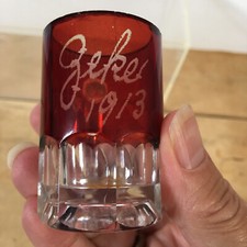 Antique Ruby Red Flash Glass 1913 Mini Mug Etched Zeke Souvenir Collectible
