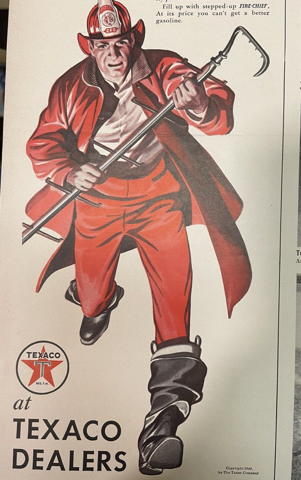 1944 Texaco Fire-Chief print ad Gasoline Vtg Fantastic Graphic Firefighter WWII