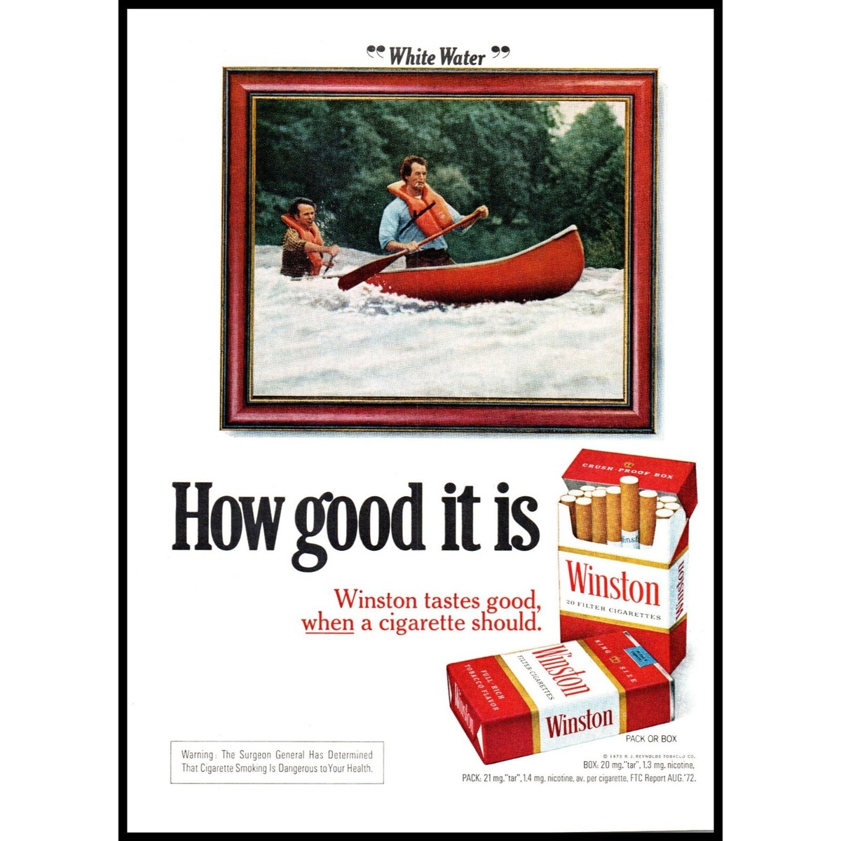 canoeing cigarette 1973 Winston Cigarettes Vintage Print Ad White Water River Canoe Paddle  Wall Art