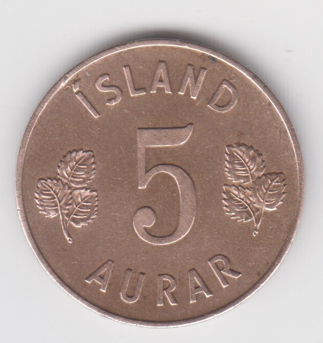 Iceland 1946. 5 Aurar. Icelandic coat of arms. Leaves of pubescent birch. KM# 9