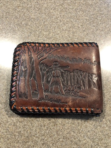 Cartera de cuero para hombre Tooled marrón plegable cazador de faisanes trenzada clásica vintage - Imagen 3 de 9