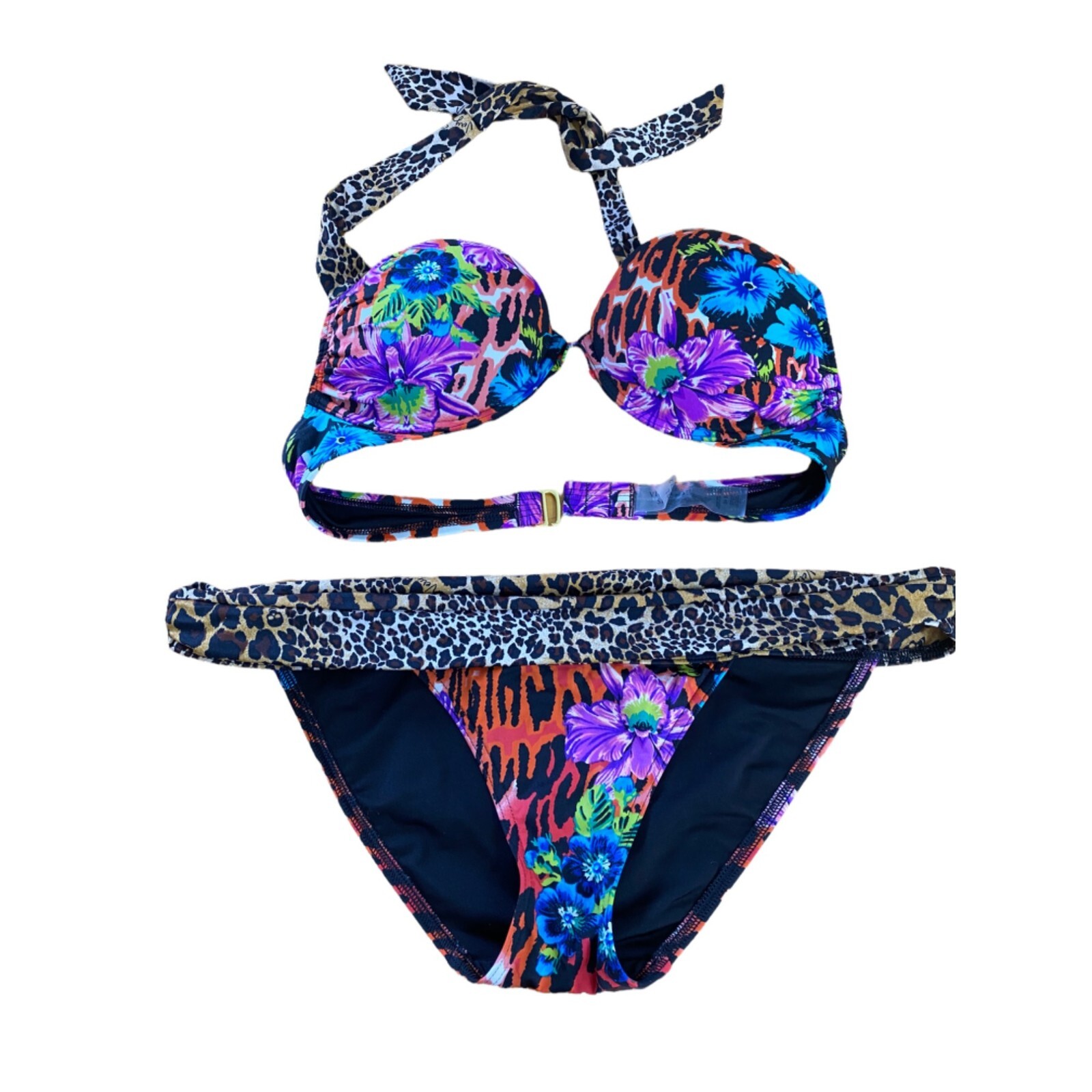 Victoria's Secret Floral Leopard Skull Bombshell Bikini Set 34B M Rare Add 2 cup image 4