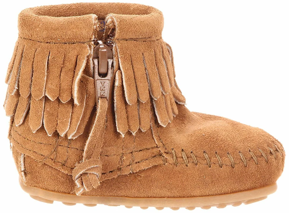 New Minnetonka Baby Double Fringe Side Zipper Taupe Suede Bootie Size US 2 M - Image 2 of 4