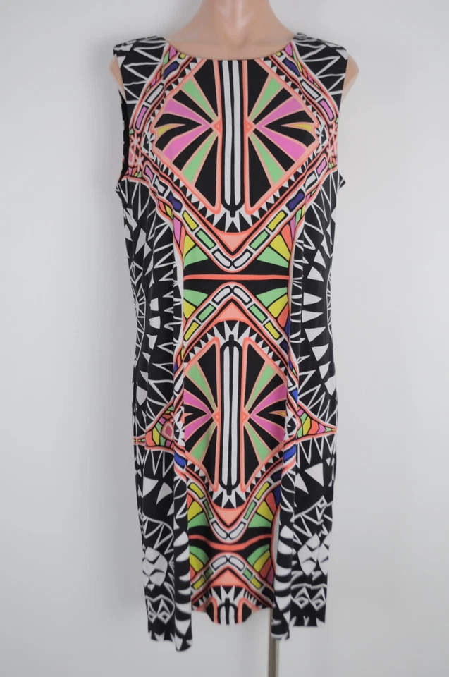 Rockmans Dress Womens large Black Neon Pink Green Geometric Sleeveless Stretch - image 2 of 4