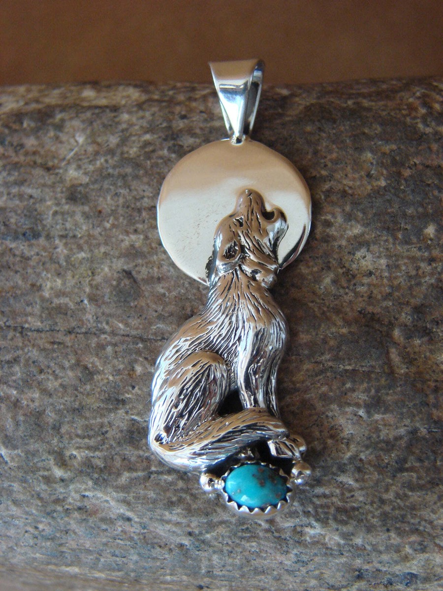 Navajo Indian Sterling Silver Hand Stamped Turquoise Wolf