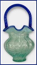 Fenton Aqua Green Opalescent Fern Optic Basket Cobalt Blue Crest Signed WCFenton