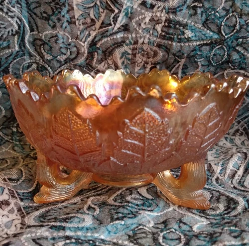 1910-20s Antique FENTON Leaf Tier Tri Footed Carnival Glass Bowl