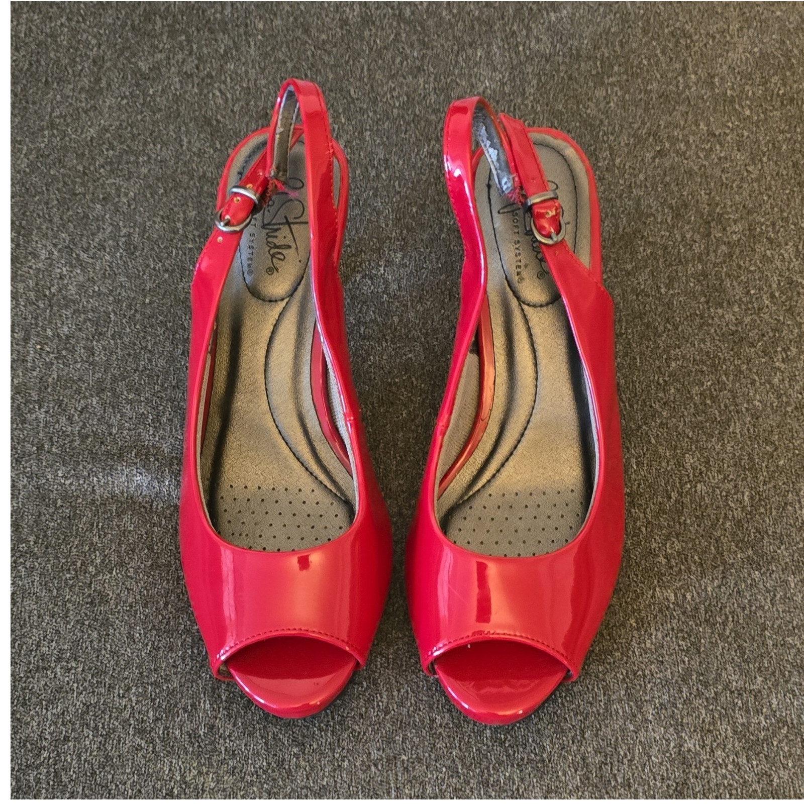 LifeStride Red Patent Leather Slingback Peep Toe Block Heels Women's Size 6.5