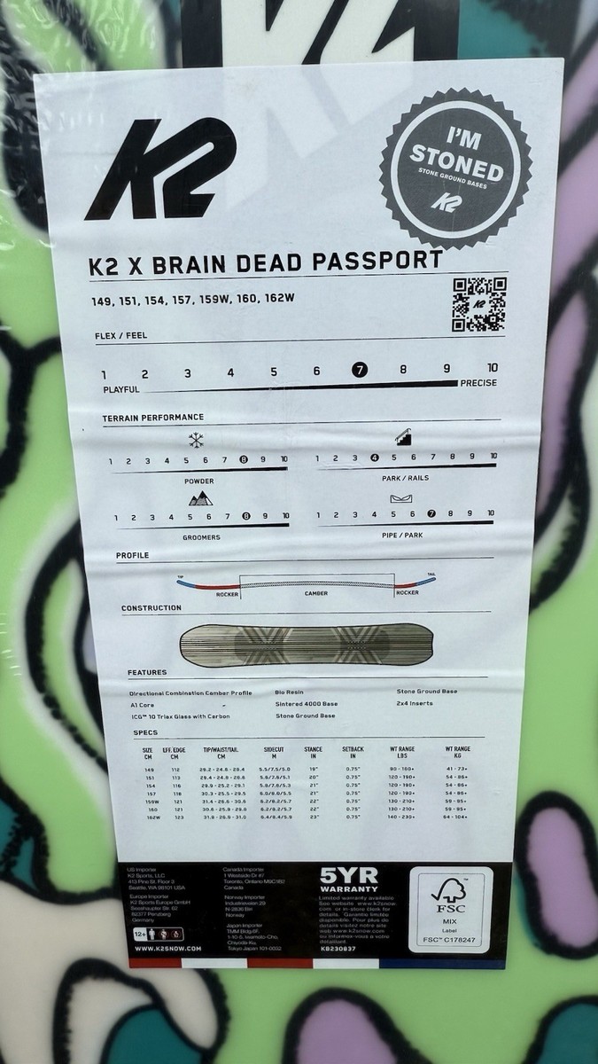 2025 Brand New K2 Brain Dead Passport 157cm Snowboard Directional