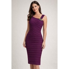 Xscape One Shoulder Dress Womens 6 Plum Purple Bandage Brooch Cocktail Excellent