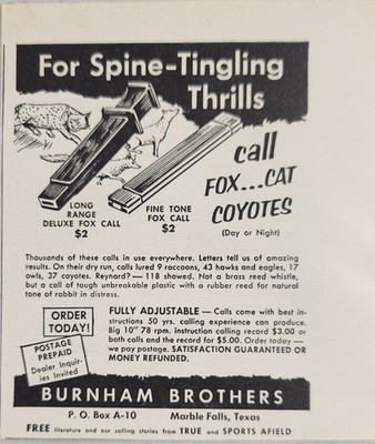 1955 Magazine Ad Burnham Brothers Fox,Cat,Coyote Game Calls Marble Falls,TX