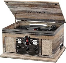 Victrola The Quincy 6 in 1 Bluetooth Record Player Farmhouse Shiplap Grey NEW