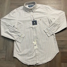 NWT Ralph Lauren Classic Fit Oxford Striped Button Shirt Tan Blue Mens 16 34/35
