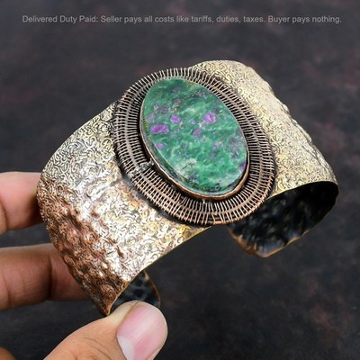 Copper Oval Natural Ruby Fuchsite Handmade Wedding Wire Wrapped Bangle Bracelet