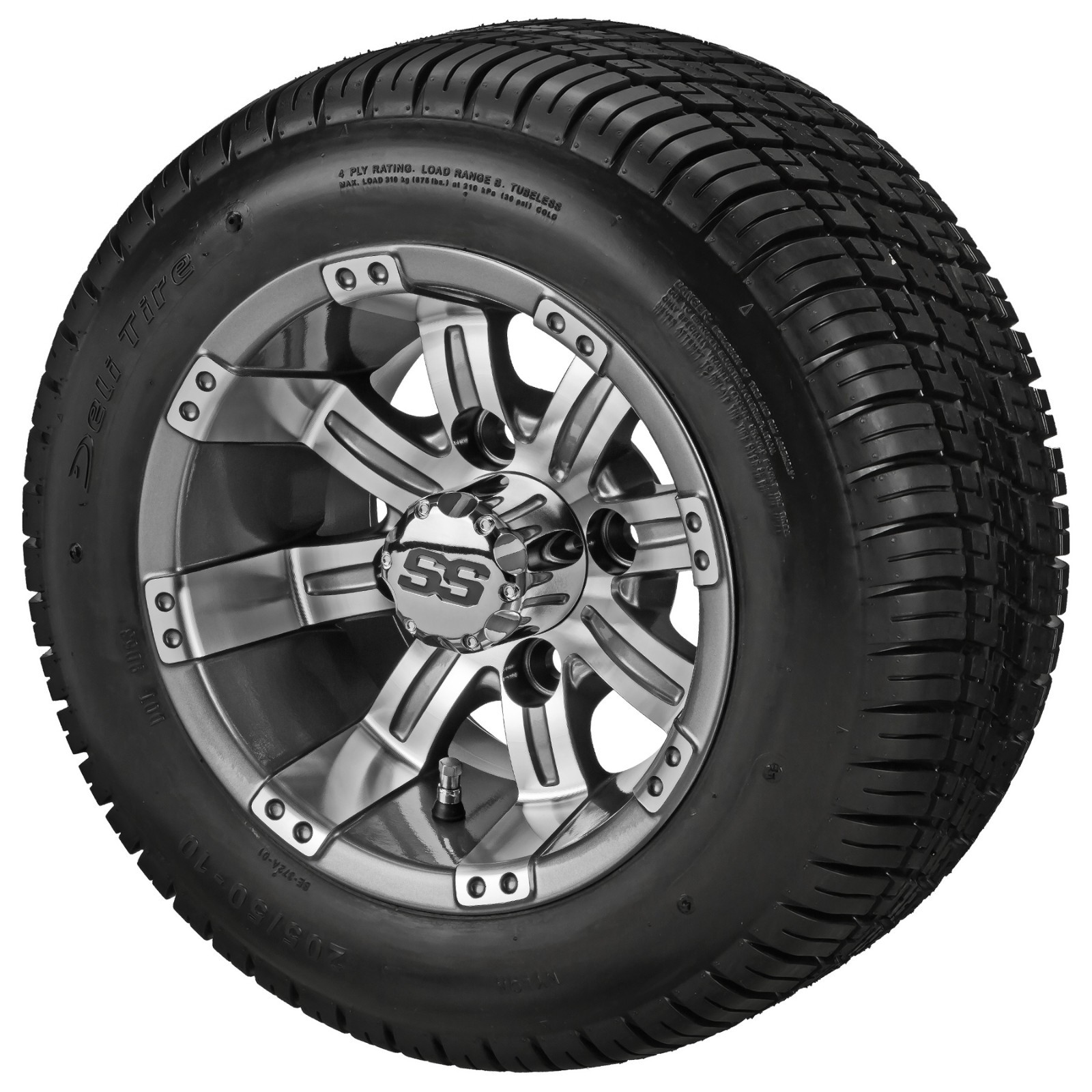 (4) Golf Cart 205/50-10 Deli Low Pro Tires on 10x7 Gunmetal Gray Tempest Wheels