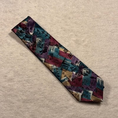 Reed St James Men's Geometric Pattern Silk Necktie Burgundy Teal Gold Formal