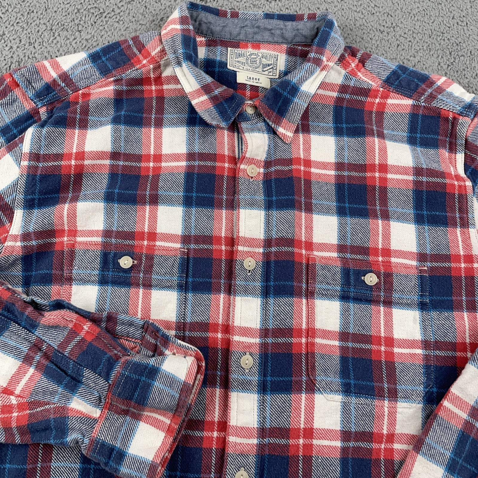 Lucky Brand Shirt Mens Large Red Blue Plaid Flannel Long Sle