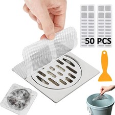 50 PCS Disposable Shower Drain Hair Catcher with Scrapper, 3.94 Inches Square