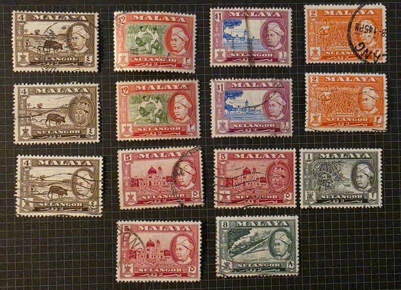 Vintage Malaya Selangor 1955-59 Definitive 15 Stamp Lot - Sultan Hisamuddin