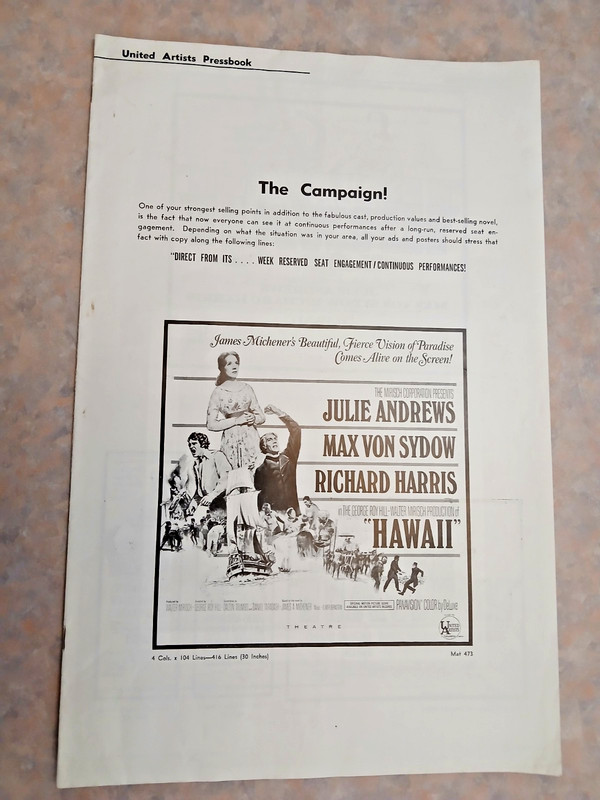 1966 UNITED ARTISTS  movie HAWAII W/ JULIE ANDREWS . PRESSBOOK
