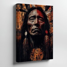 Native American Warrior Portrait Canvas Wall Art Feather Headdress Rustic Home