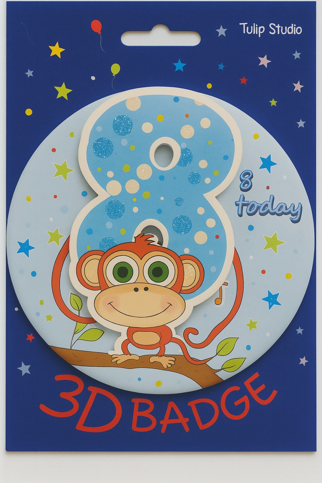 8th Birthday Jumbo 3D Badge – Blue Monkey Design – Large Party Pin – 15cm