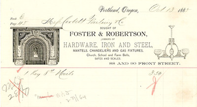 Portland Oregon Foster & Robertson Hardware orig 1885 Graphic Billhead Receipt