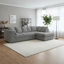 Grey Jumbo Cord 5 Seater Corner Sofa L Shape Couch with Footstool Large Suite