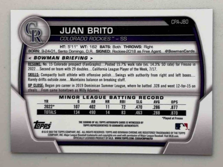 Juan Brito 2023 Bowman Chrome Auto #CPA-JBO 1st Prospect Cleveland Guardians view 2