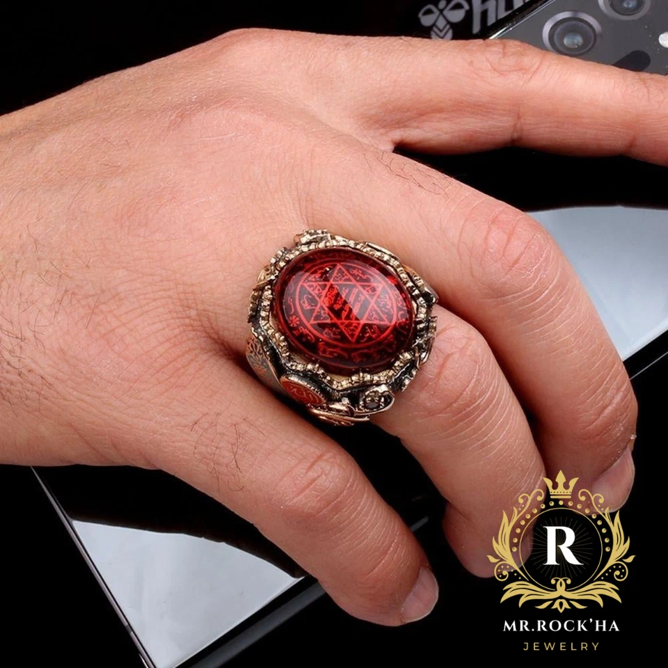 Anillo para hombre Sello de Salomón, chapado en oro, piedra ámbar rojo, plata de ley 925 Foto 3 de 4