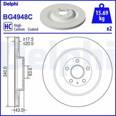 2x DELPHI Bremsscheibe BG4948C für 256 XC90 VOLVO 2 XC40 536 C40 539 EX40 EC40