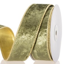 YASEO 1 1/2 Inch Olive Green Velvet Wired Ribbon   Double-Sided Gold Metallic...