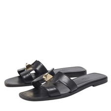 Hermès Oran Medor Pyramid Stud Black Leather H Slides Flats Sandals Size 37.5