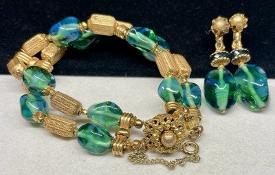 Miriam Haskell Signed Set Rare Vintage Gilt Blue Green Glass Bracelet Earrings
