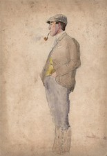 Alfred Crowdy Lovett (1862-1919) Aquarell Gemälde - Gentleman Smoking A Pipe