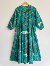 Teal Green Animal Botanical Print Cotton Dress Women Boho Midi Maxi Dress